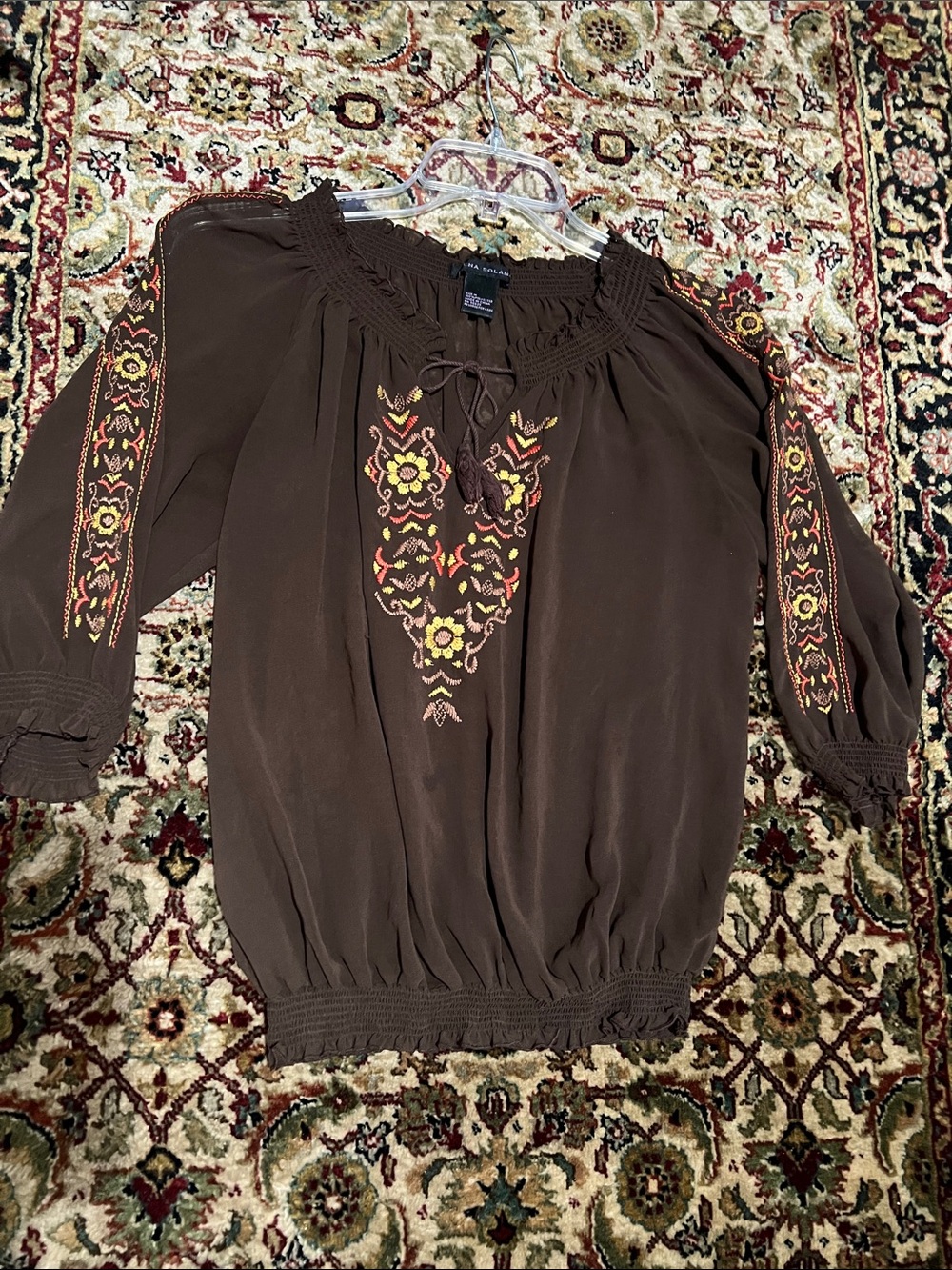 Elena Solano Embroidered Brown Peasant Top Size Medium